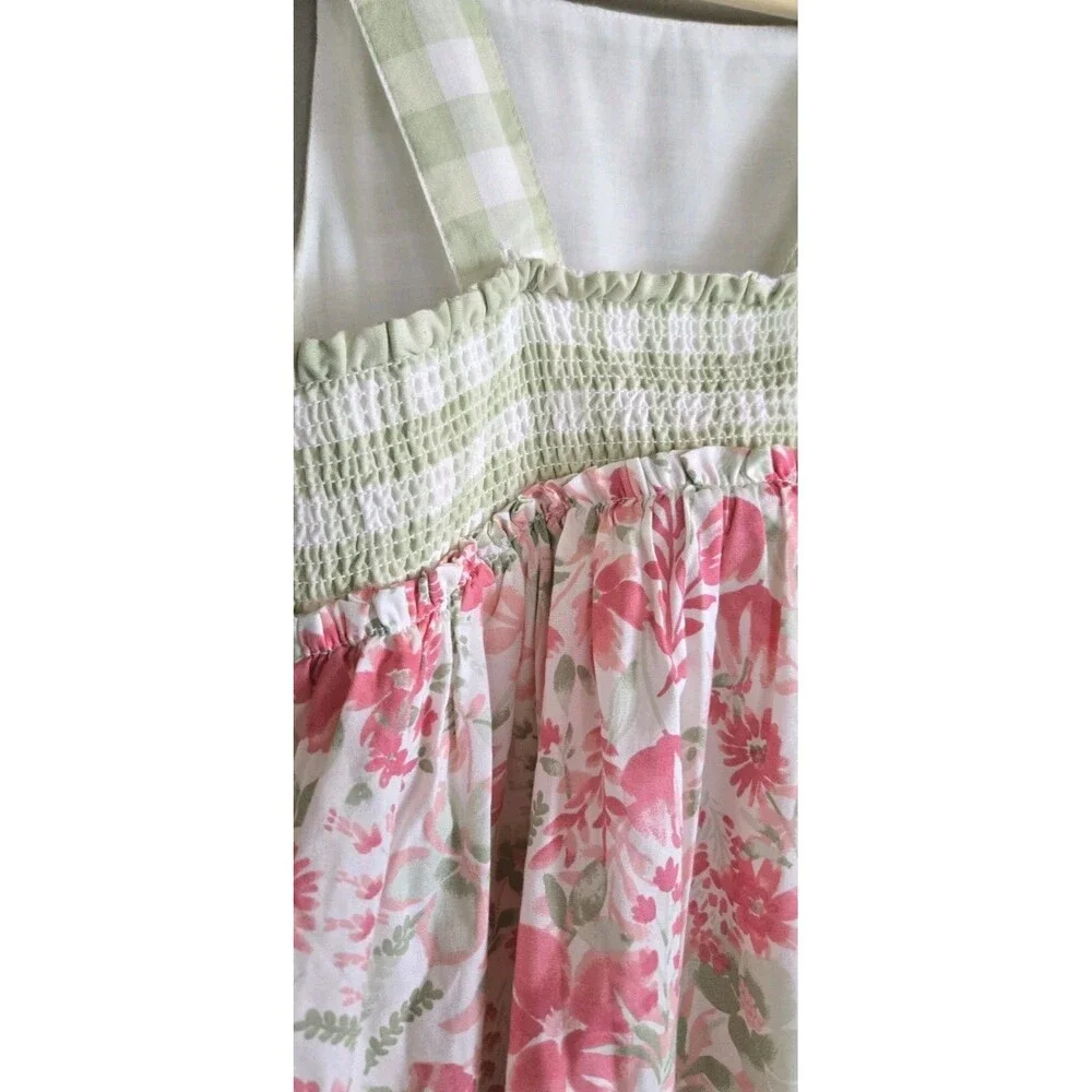 NWT RACHEL ZOE Girls Dress Floral Tiered Check Green Pink Shirred Back Size 7